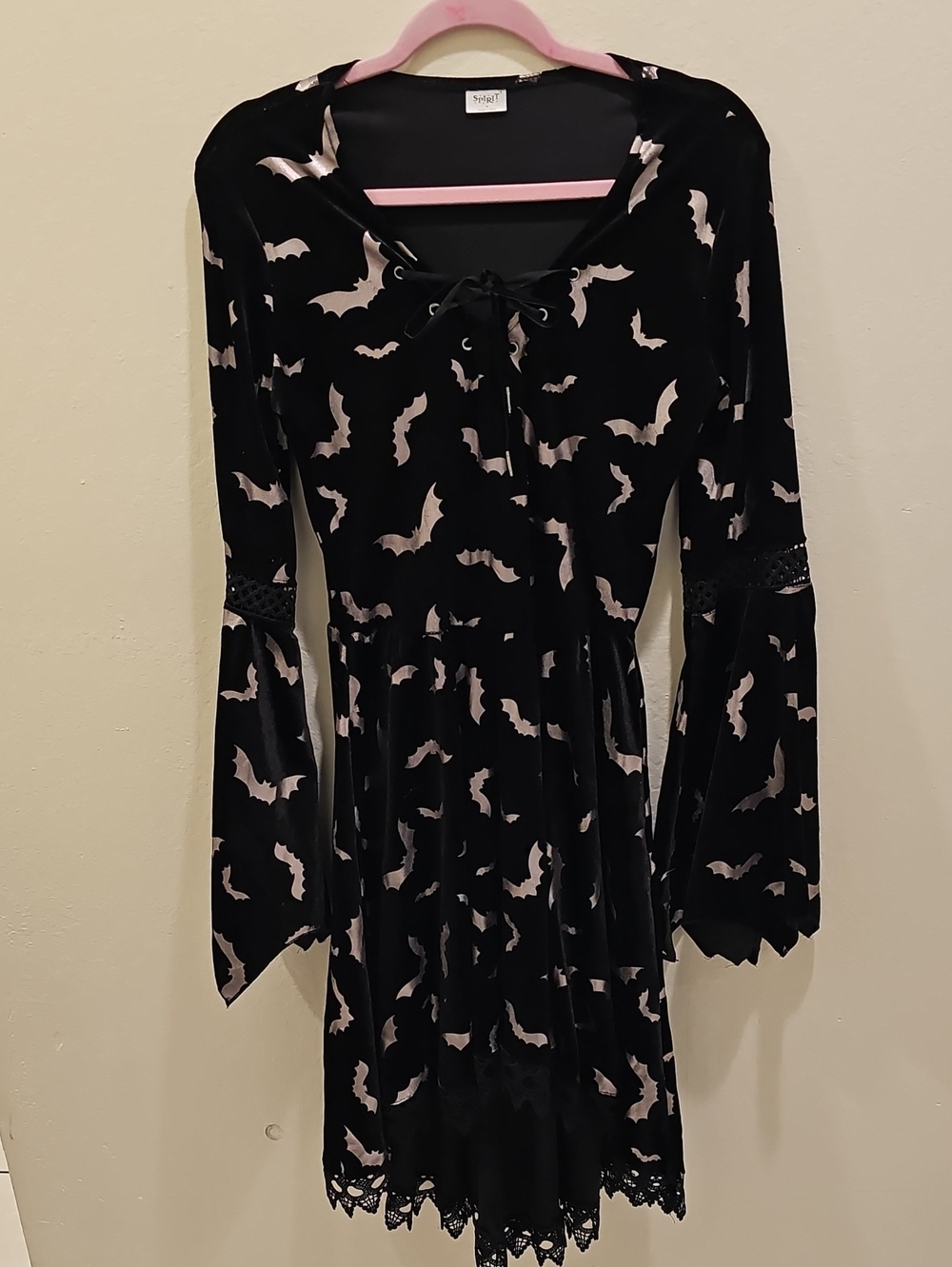 Stylish Black Velvet Dress with Silver Bat Print